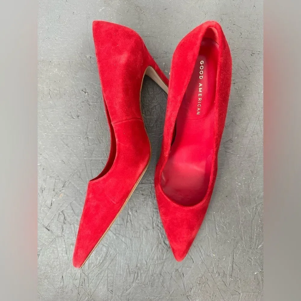 Good American Red Suede Leather The Icon Pointed Toe Pump Stiletto Heel Size 8